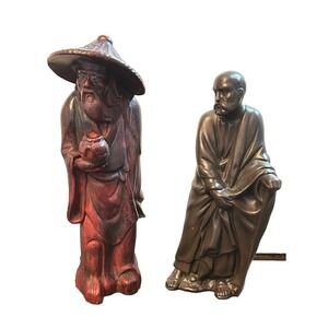 Vintage Asian Monk Figurines Set Bronze Tone Scholar Sage Decor Zen Art '70s